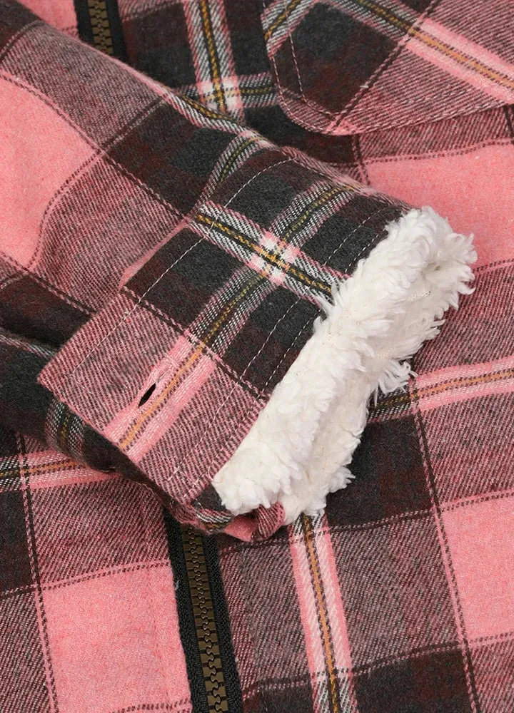 Girls Sherpa Lined Full Zip Plaid Flannel Shirt, Hooded Flannel Jacket