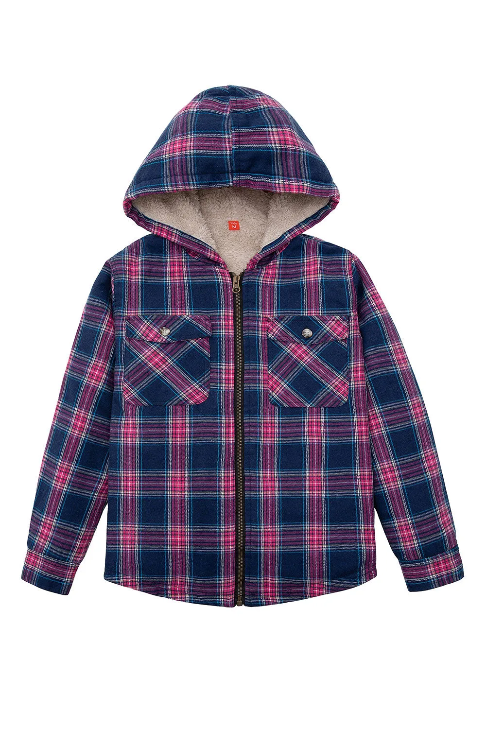 Girls Sherpa Lined Full Zip Plaid Flannel Shirt, Hooded Flannel Jacket