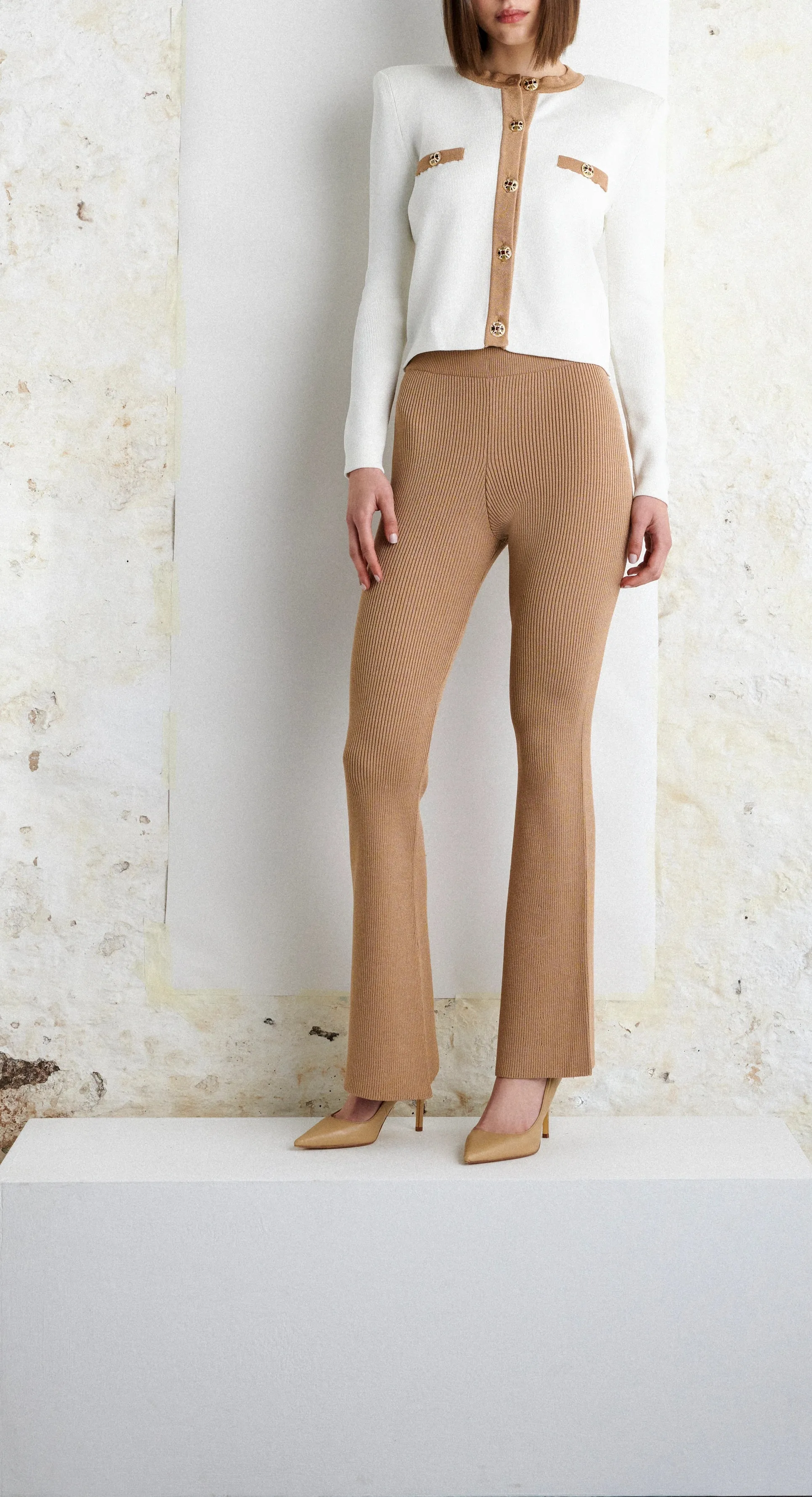 GISELE luxe ribbed-knit high-rise pants camel