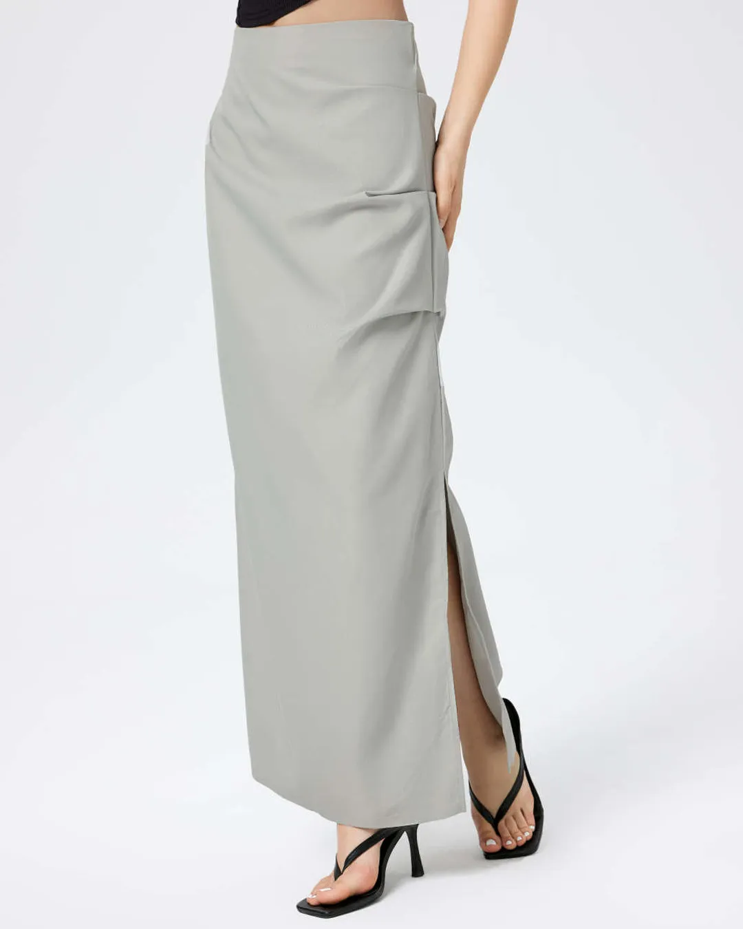 High Waist Ruched Asymmetrical Side Slit Skirt