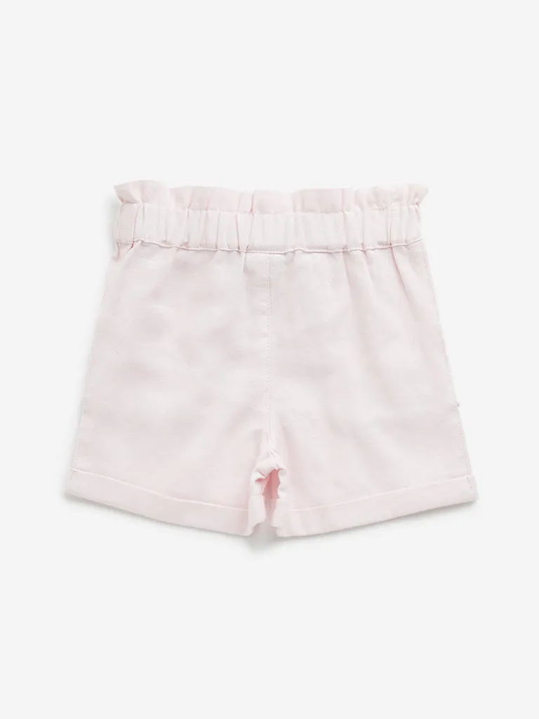 HOP Kids Light Pink Paperbag-Waist Mid-Rise Cotton Shorts