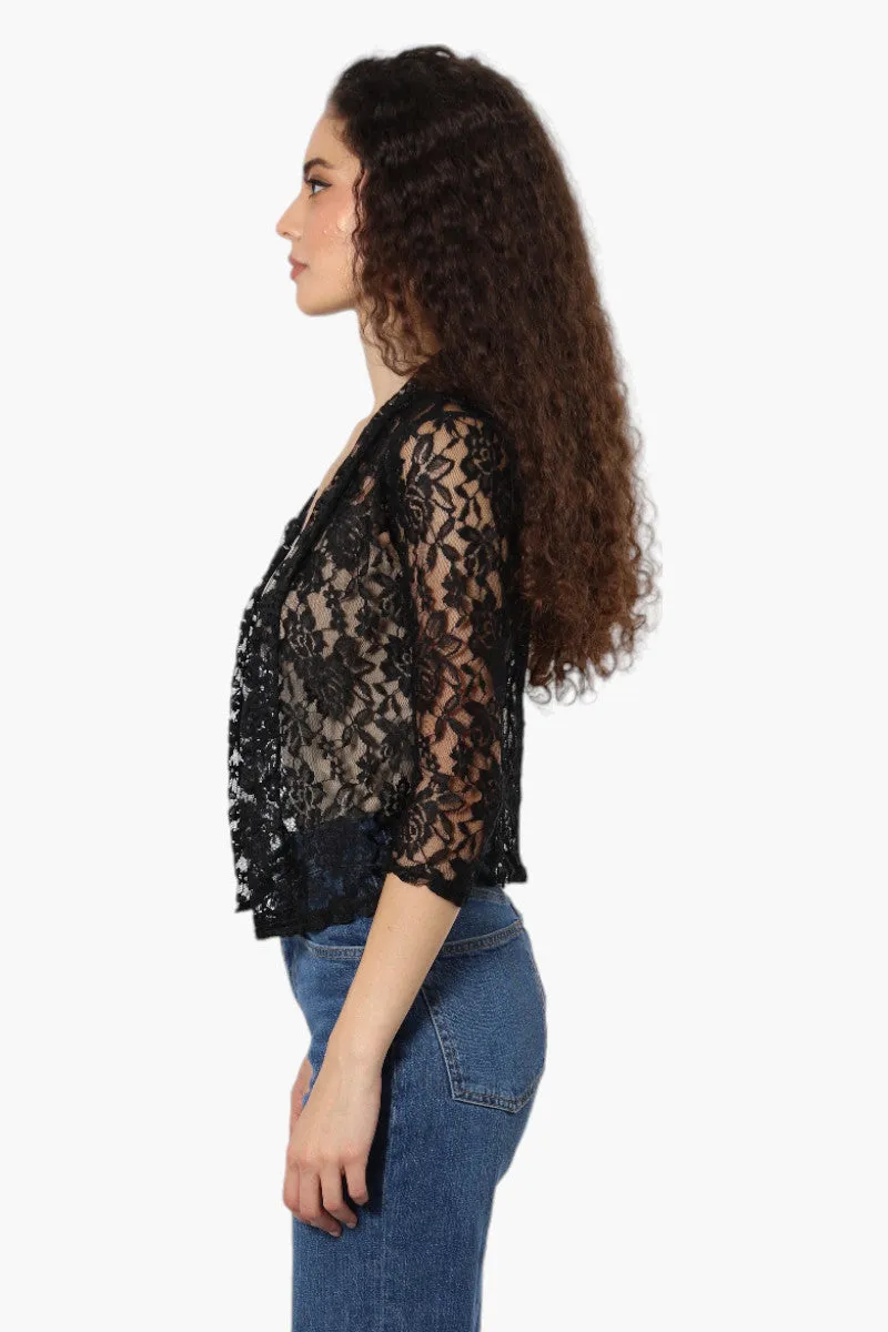 Impress Floral Lace 3/4 Sleeve Wrap Cardigan - Black