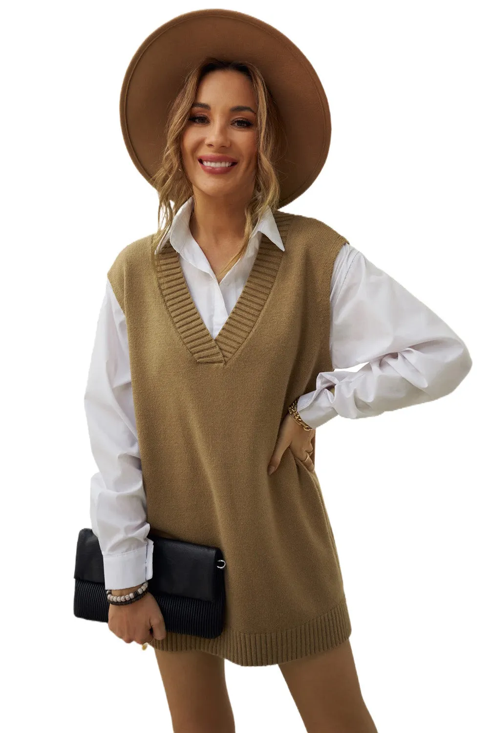 Ladies Plain Knitted Long Pullover Sweater Vest