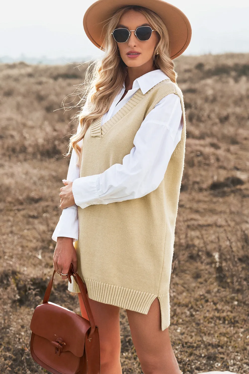 Ladies Plain Knitted Long Pullover Sweater Vest