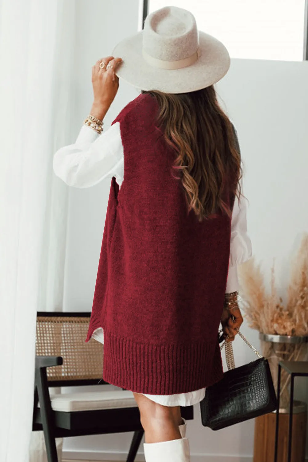 Ladies Plain Knitted Long Pullover Sweater Vest