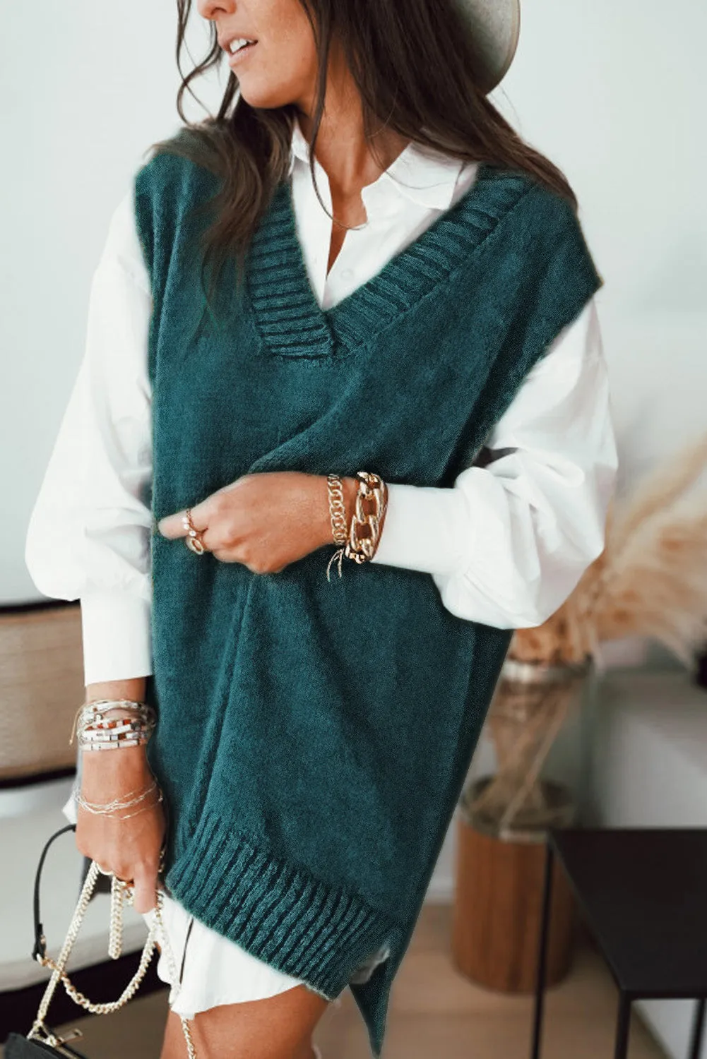 Ladies Plain Knitted Long Pullover Sweater Vest