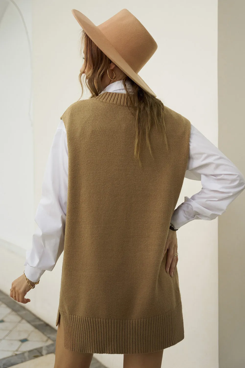 Ladies Plain Knitted Long Pullover Sweater Vest