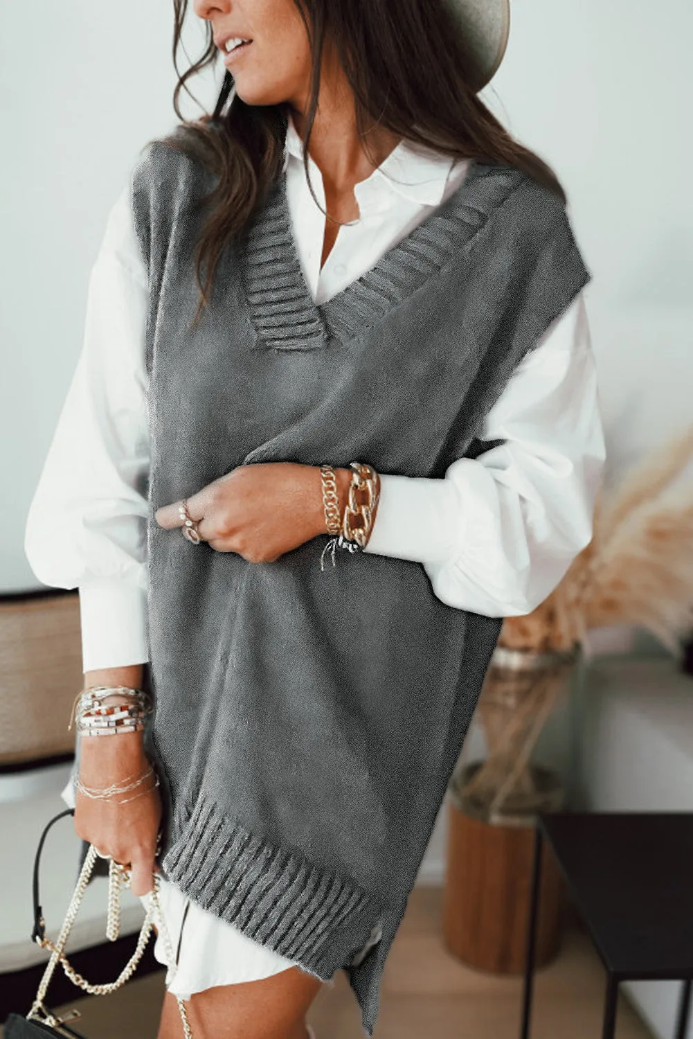 Ladies Plain Knitted Long Pullover Sweater Vest