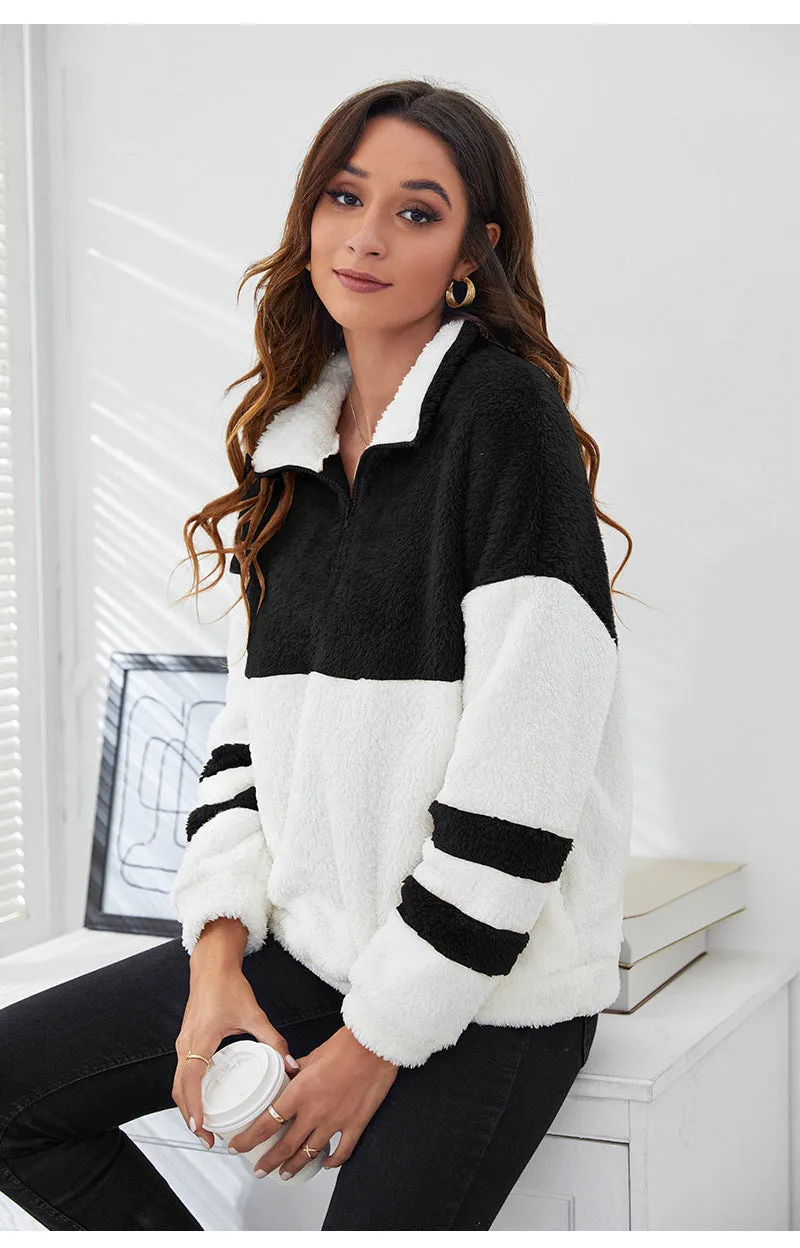 Lapel Zipper Stitching Contrast Color Plush Sweater Wholesale