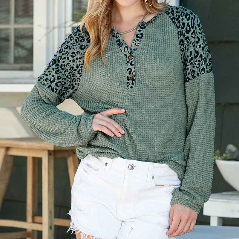 Leisure Half Button V Neck Leopard Print Panel Long Sleeve Waffle Knit Sweater