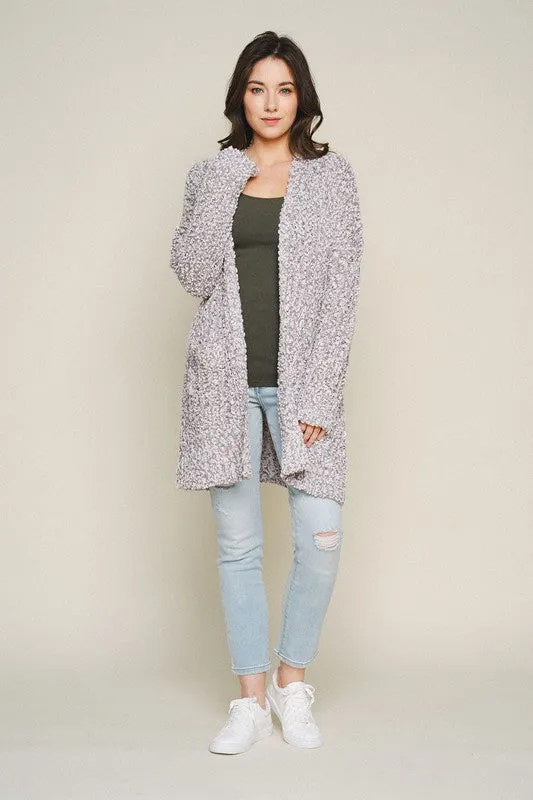 Light Knit Long Popcorn Cardigan With Pockets - Heather Grey