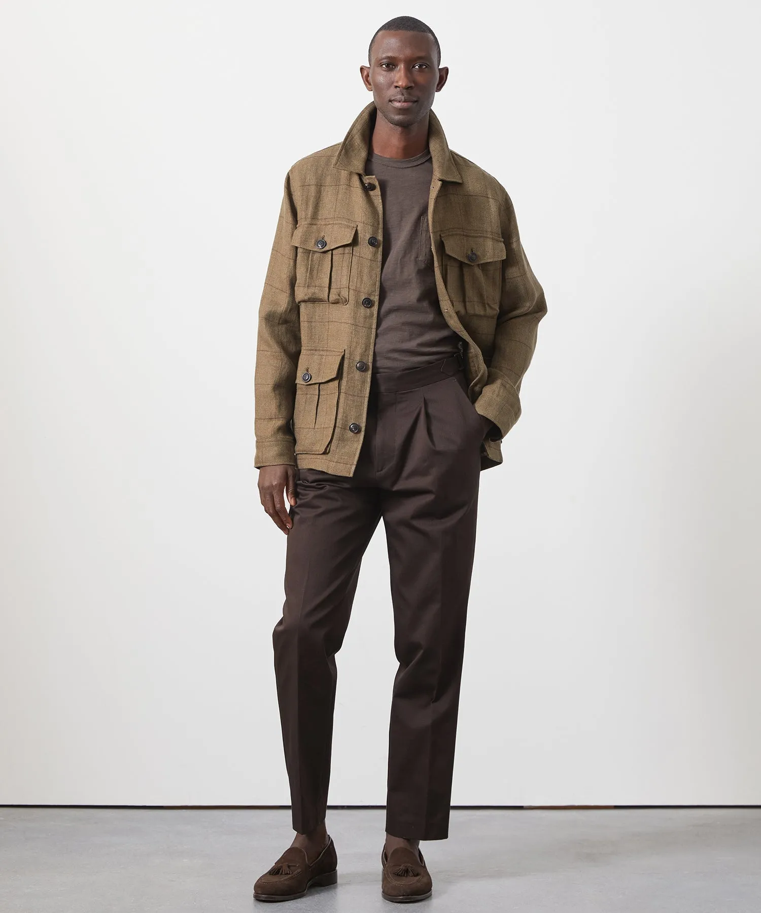 Linen Field Jacket in Olive Windowpane