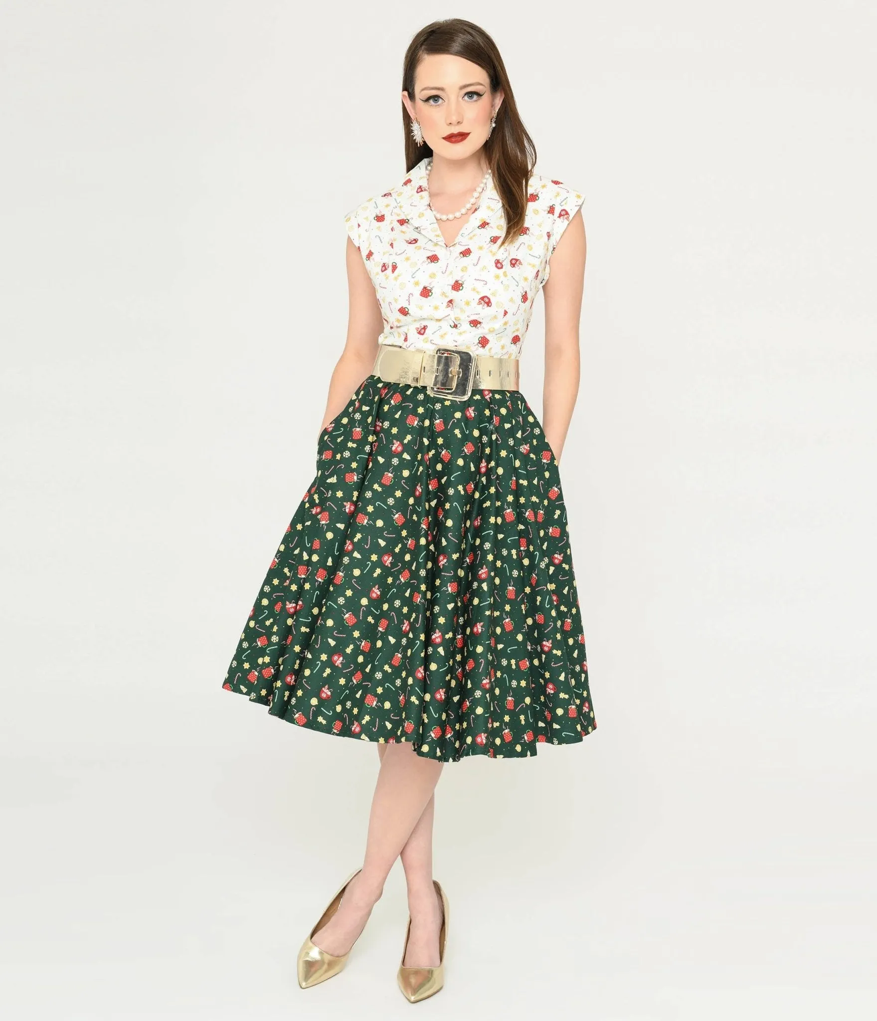 Magnolia Place Green & Holiday Print Sally Swing Skirt