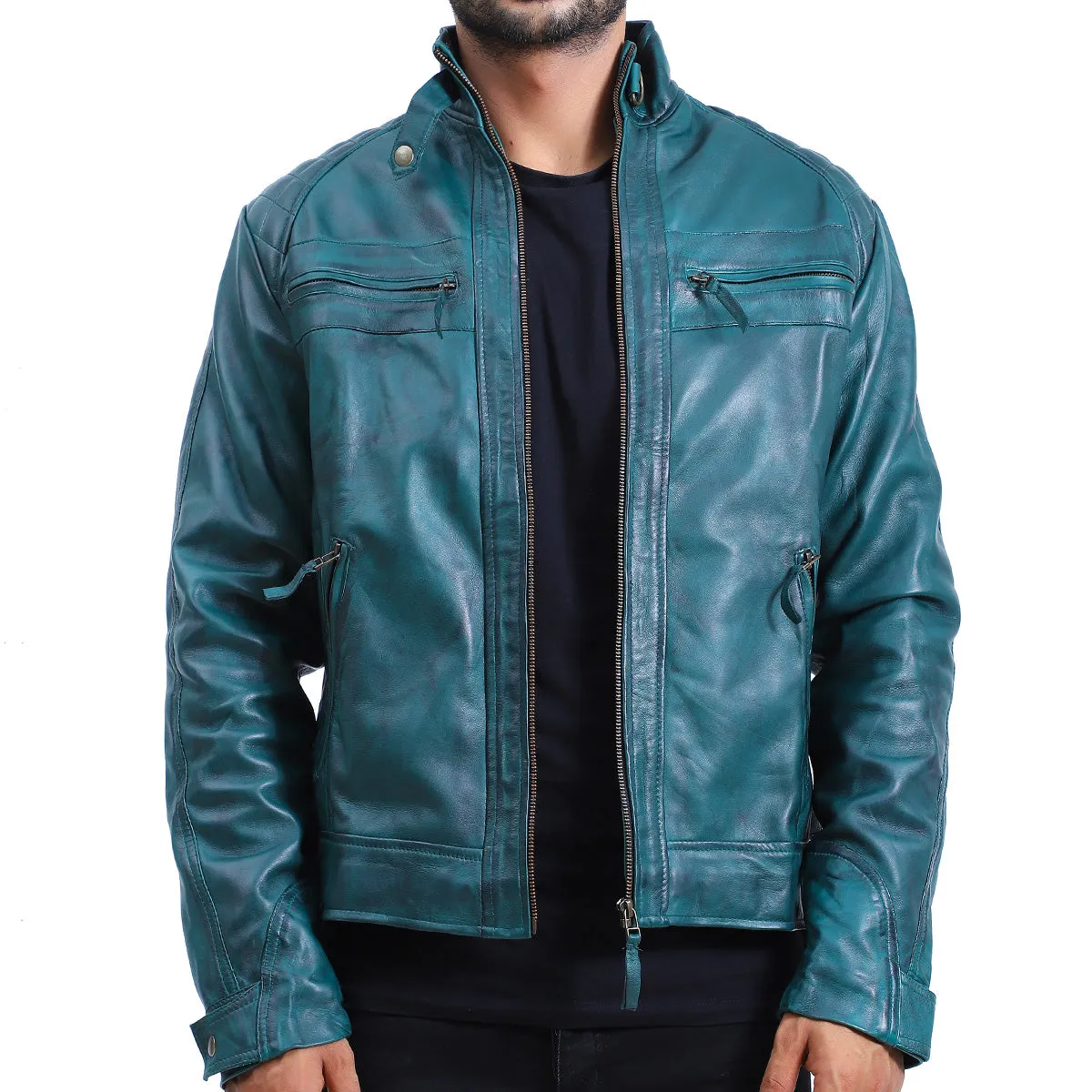 Men's Quilted Green Cafe Racer Leather Jacket