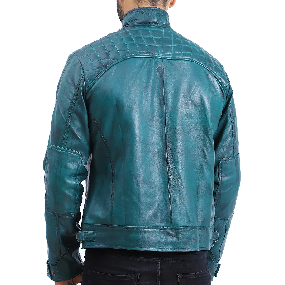 Men's Quilted Green Cafe Racer Leather Jacket