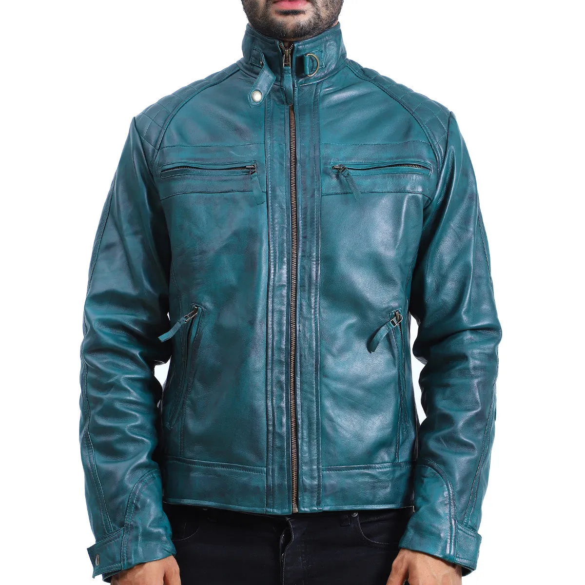 Men's Quilted Green Cafe Racer Leather Jacket