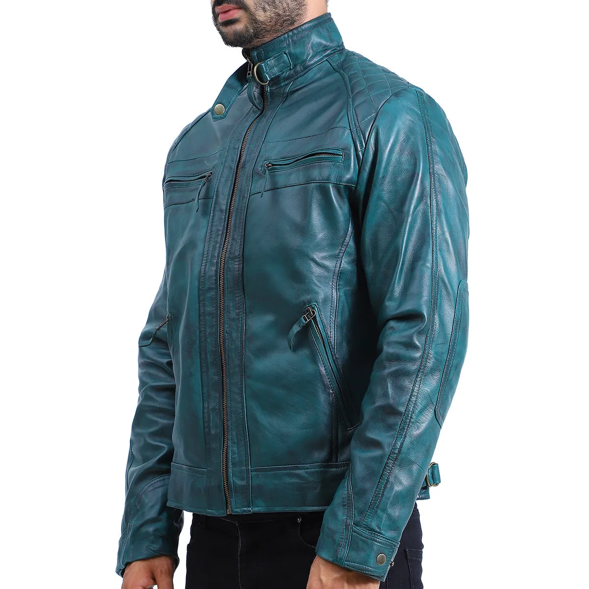 Men's Quilted Green Cafe Racer Leather Jacket