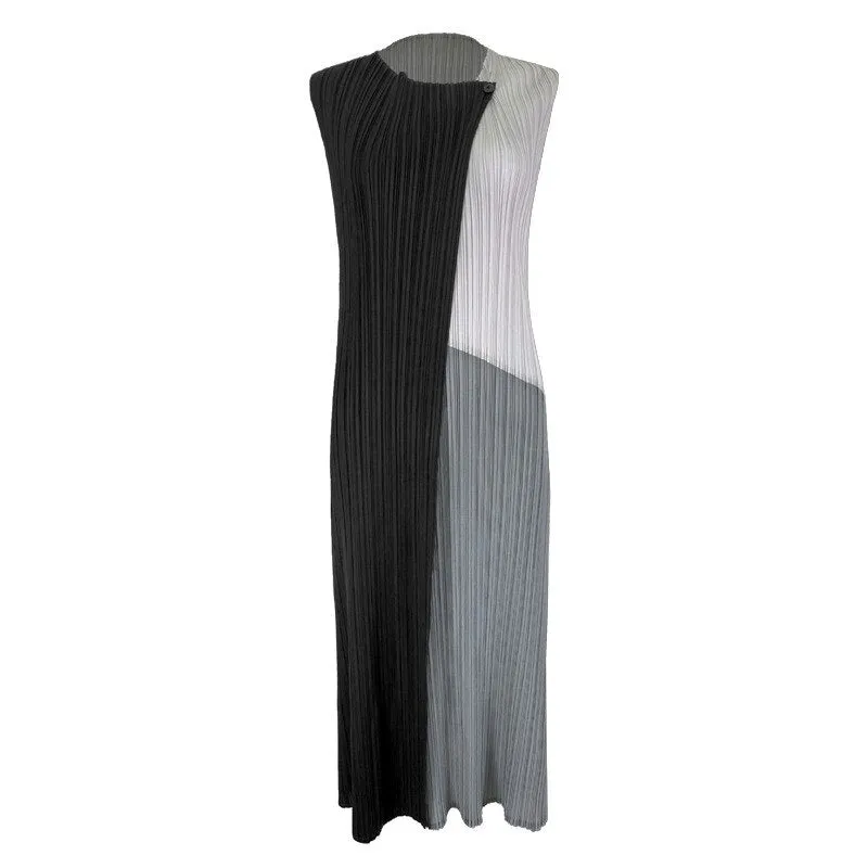 Miyake Pleated Color Block Irregular Midi Dress