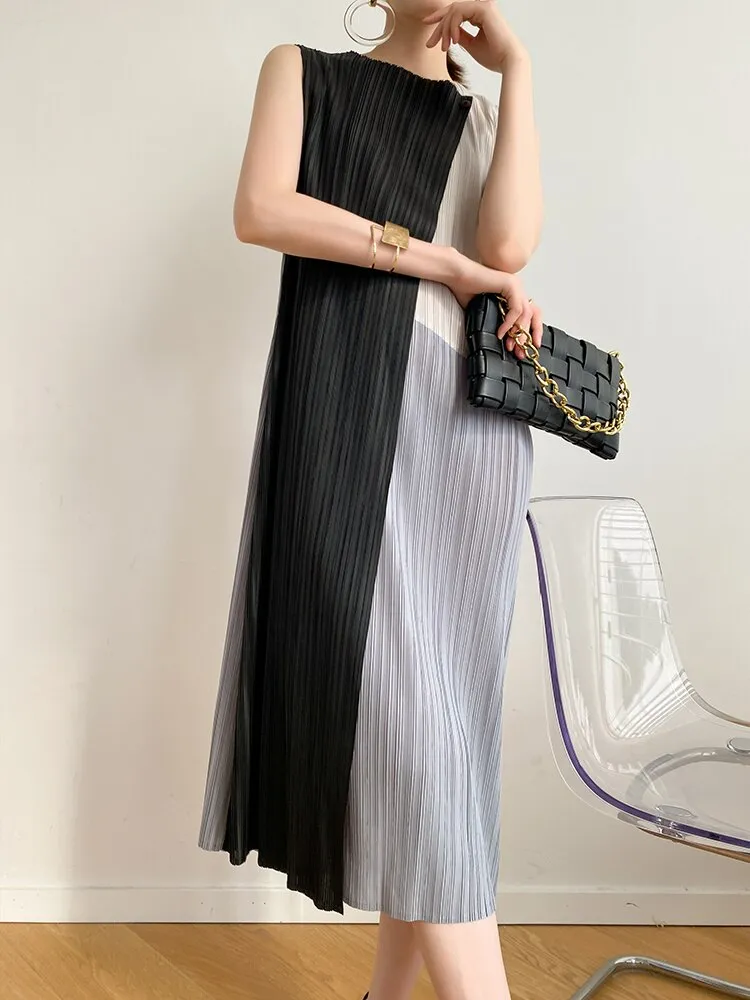 Miyake Pleated Color Block Irregular Midi Dress