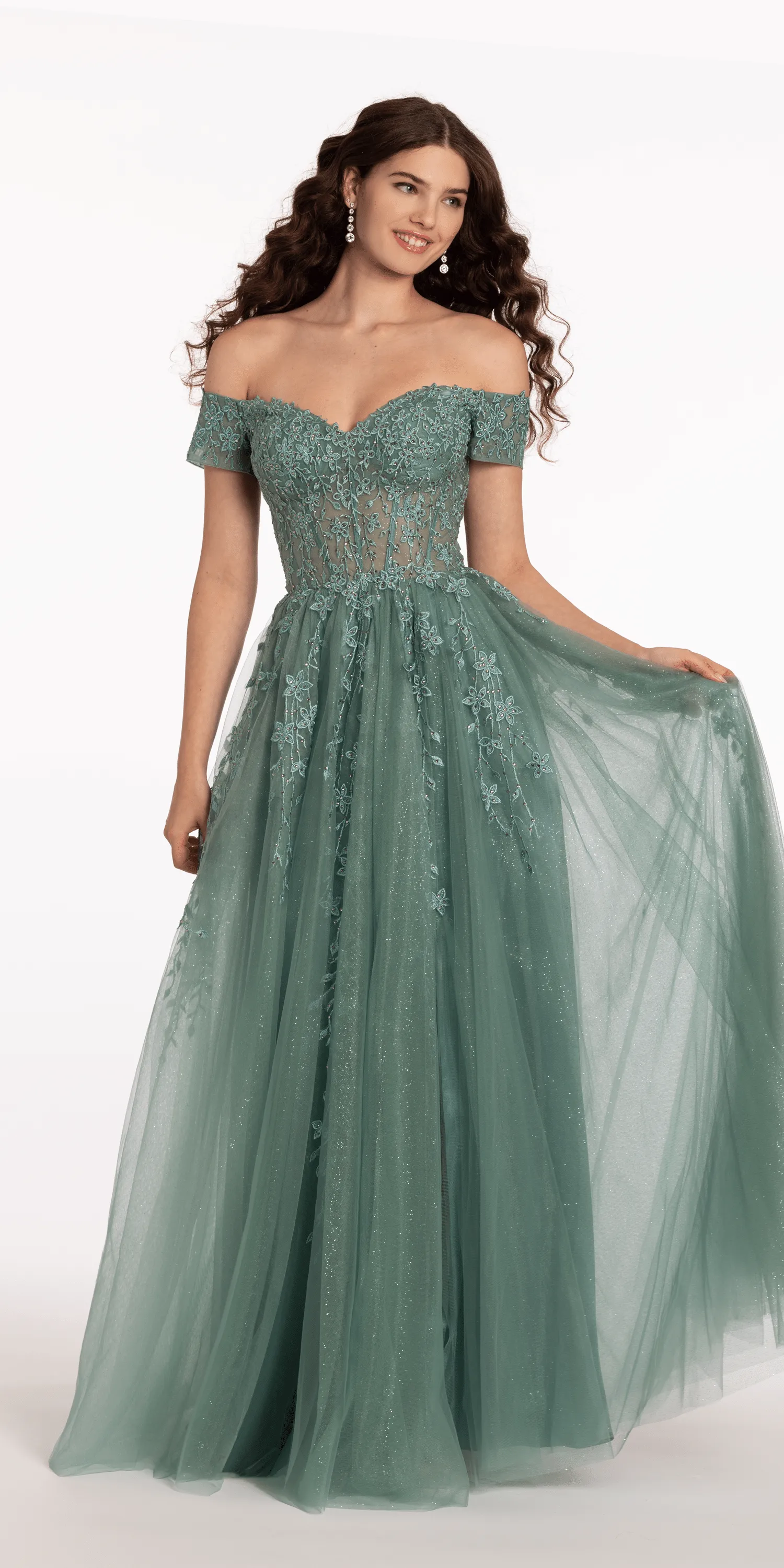 Off the Shoulder Embroidered Tulle Ballgown