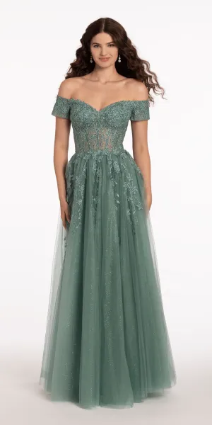 Off the Shoulder Embroidered Tulle Ballgown