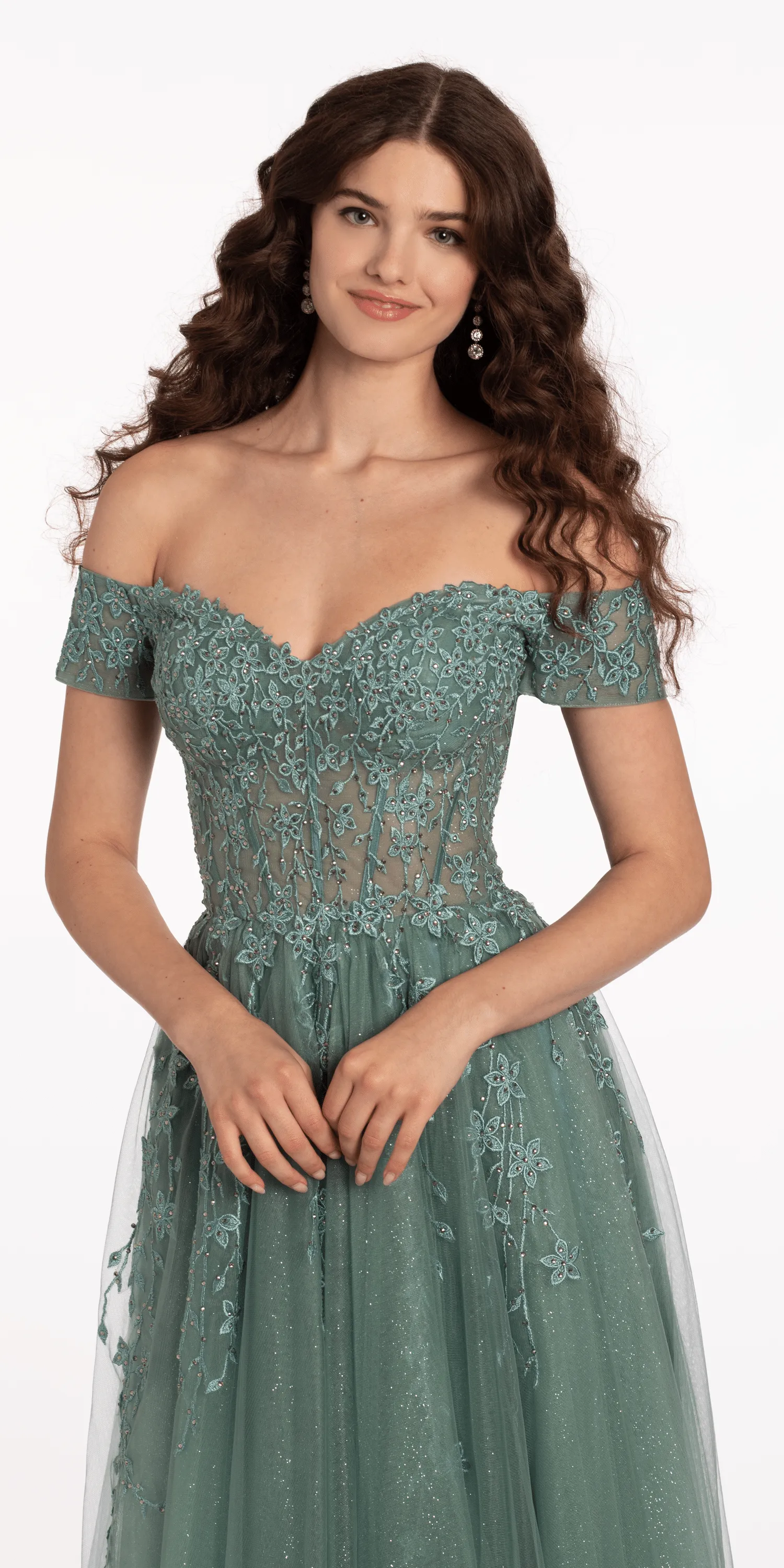 Off the Shoulder Embroidered Tulle Ballgown