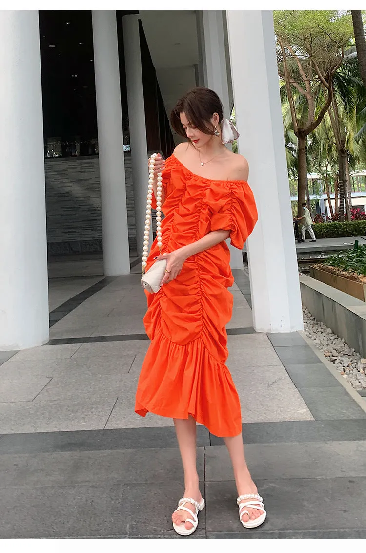 Pleated Slash Neck Short Sleeve Midi Dress