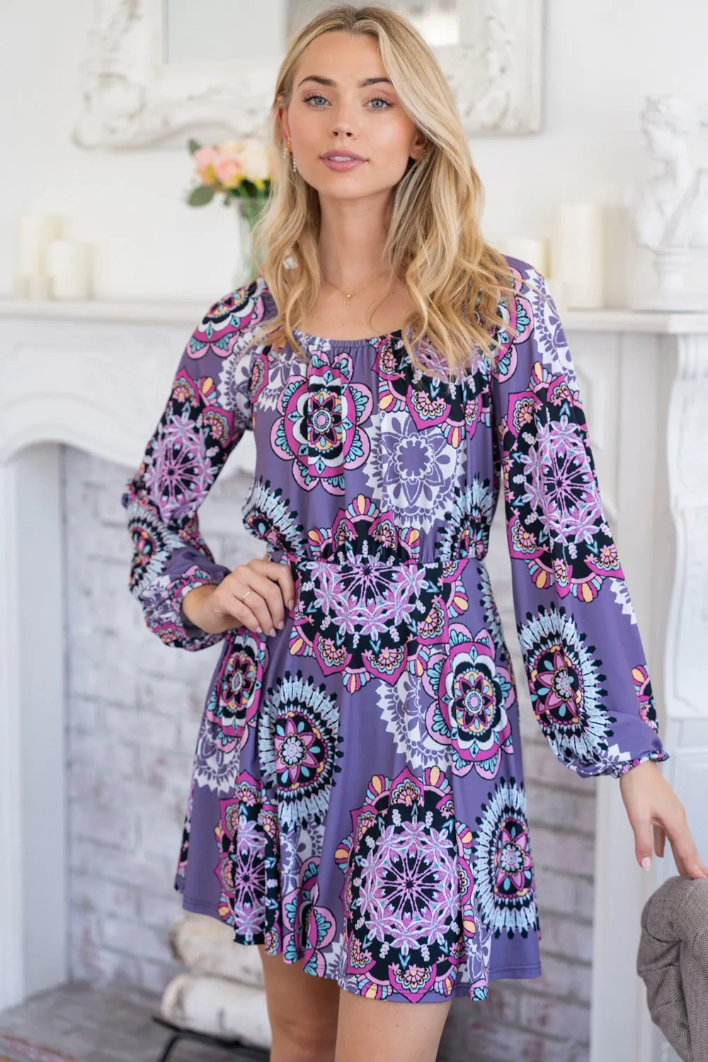 Printed Long Sleeve Mini Dress with Short Liner