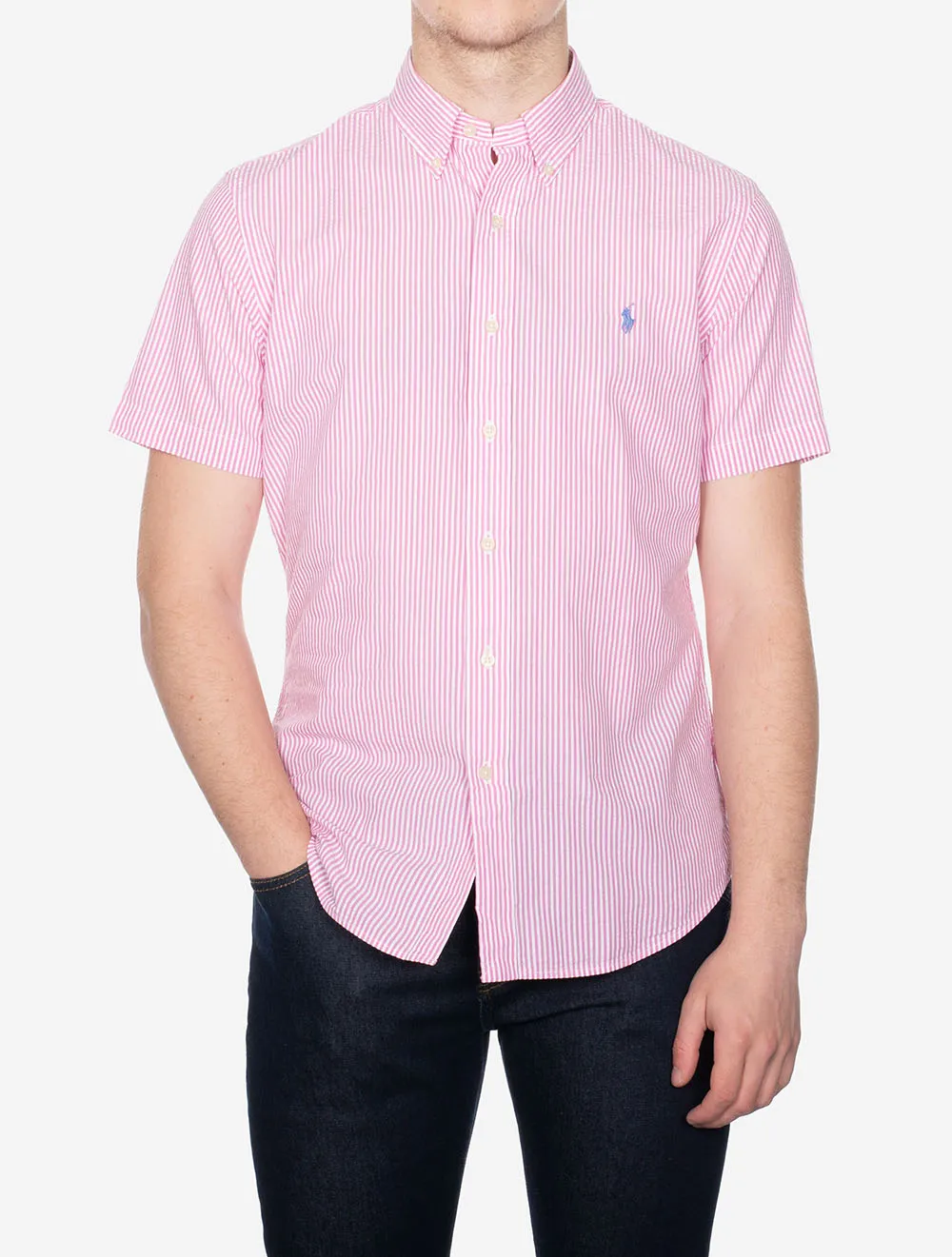 Seeksucker Shirt Sleeve Stripe Shirt Pink