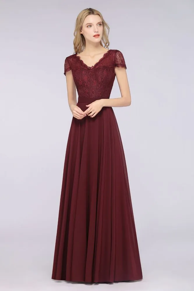 Stylish A-Line V-Neck Cap-Sleeves Floor-Length Bridesmaid Dress