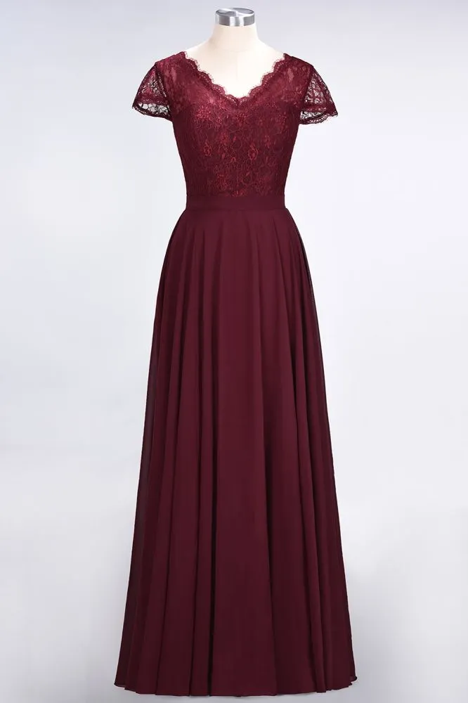 Stylish A-Line V-Neck Cap-Sleeves Floor-Length Bridesmaid Dress