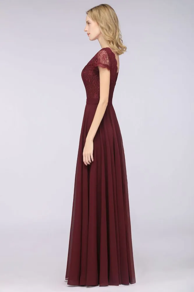 Stylish A-Line V-Neck Cap-Sleeves Floor-Length Bridesmaid Dress