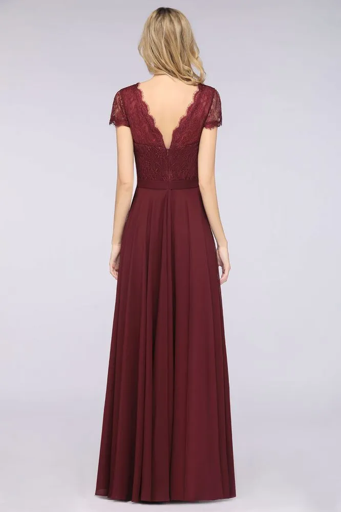 Stylish A-Line V-Neck Cap-Sleeves Floor-Length Bridesmaid Dress