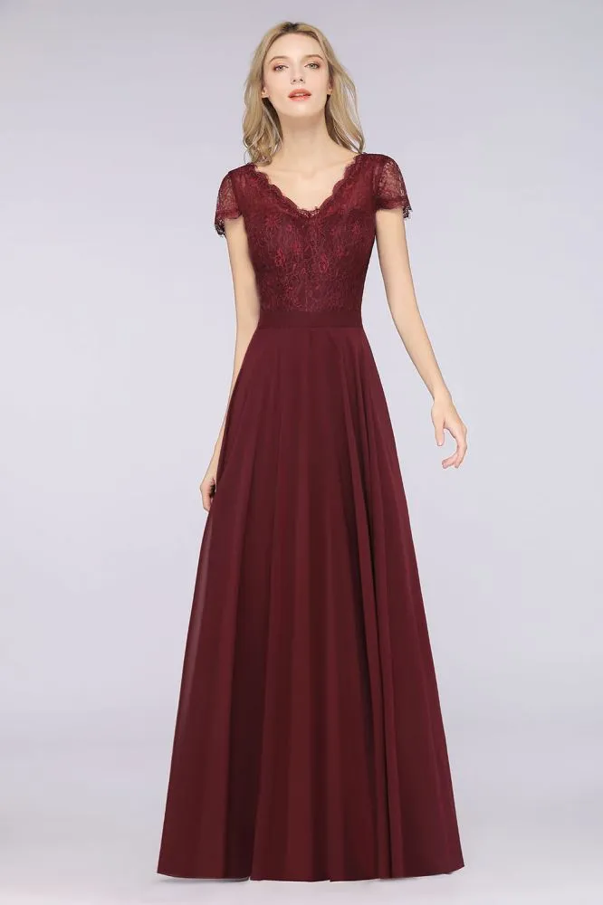 Stylish A-Line V-Neck Cap-Sleeves Floor-Length Bridesmaid Dress