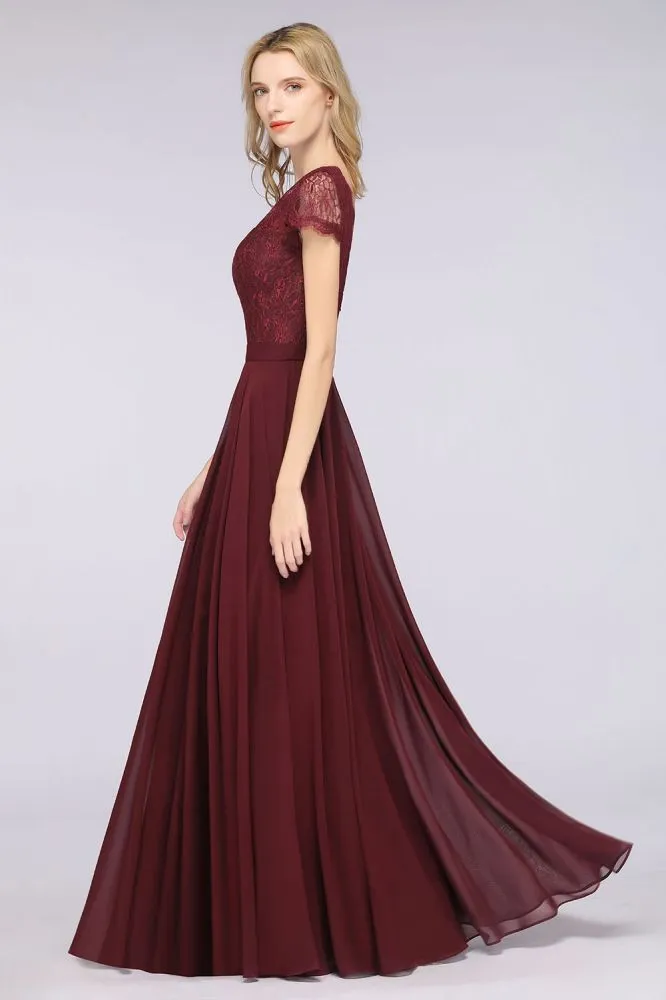 Stylish A-Line V-Neck Cap-Sleeves Floor-Length Bridesmaid Dress