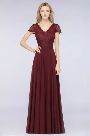 Stylish A-Line V-Neck Cap-Sleeves Floor-Length Bridesmaid Dress