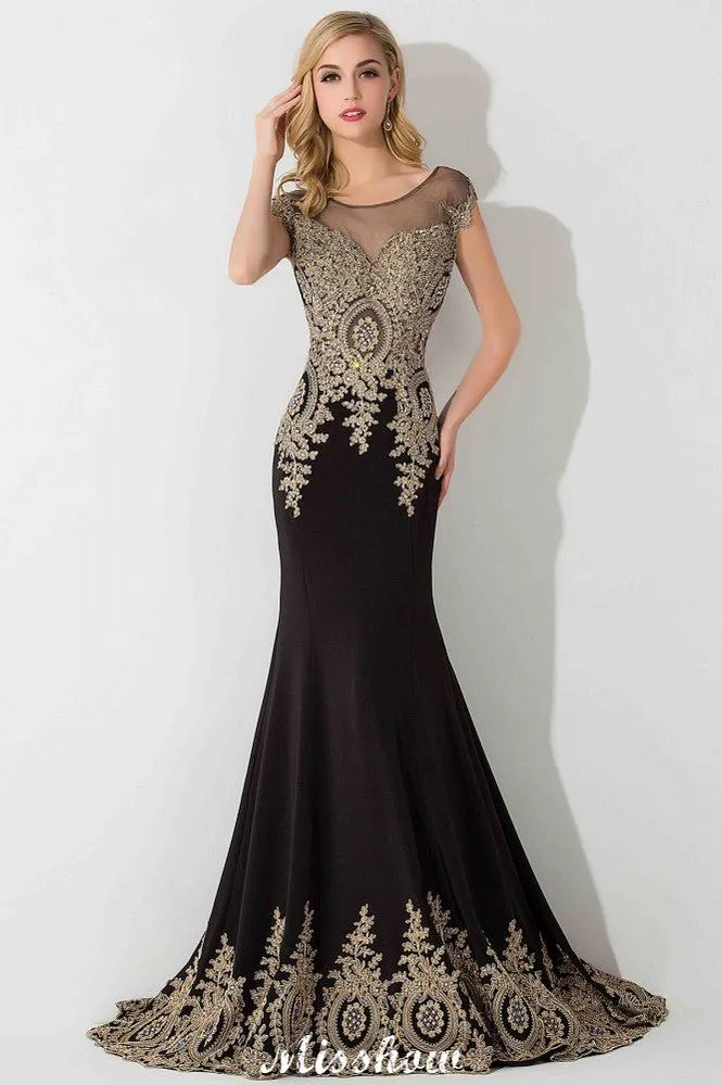 Stylish Cap Sleeve Gold Appliques Mermaid Evening Maxi Gown Sleveless Party Dress