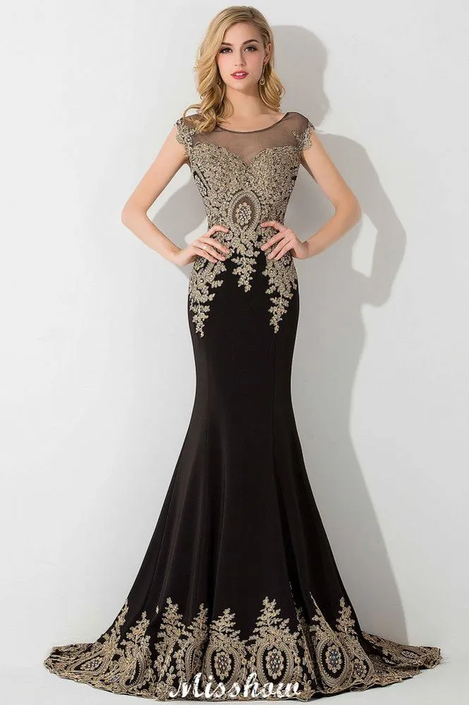 Stylish Cap Sleeve Gold Appliques Mermaid Evening Maxi Gown Sleveless Party Dress