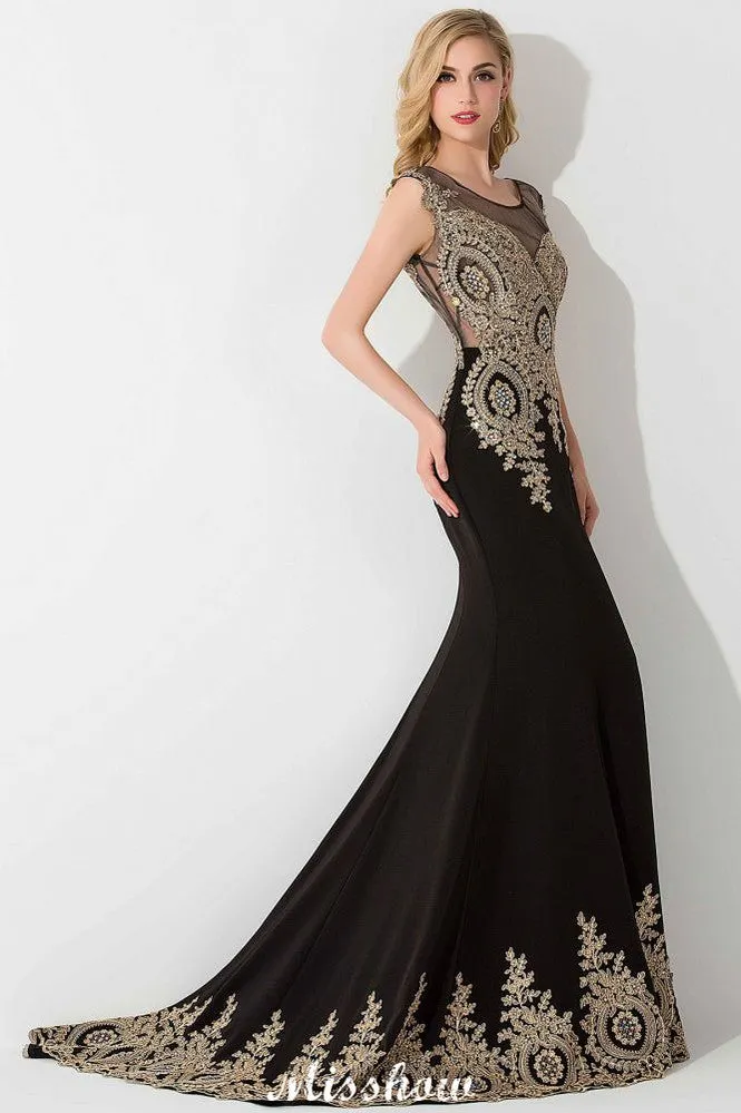 Stylish Cap Sleeve Gold Appliques Mermaid Evening Maxi Gown Sleveless Party Dress