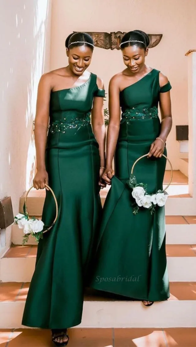 Stylish Emerald Green One-shoulder Mermaid Long Appliques Bridesmaid Dress, BD3270