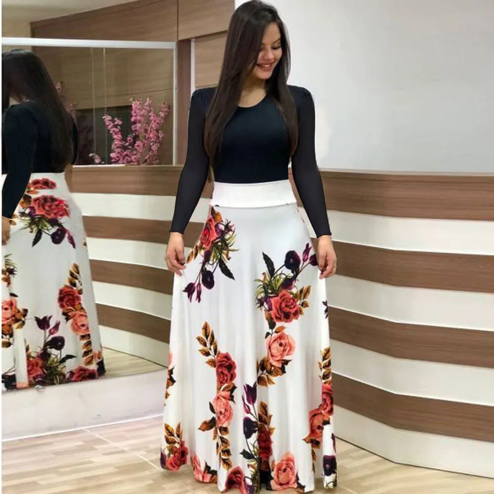 Stylish Floral Printed Splicing High Waist Long Dress Wholesale Dresses