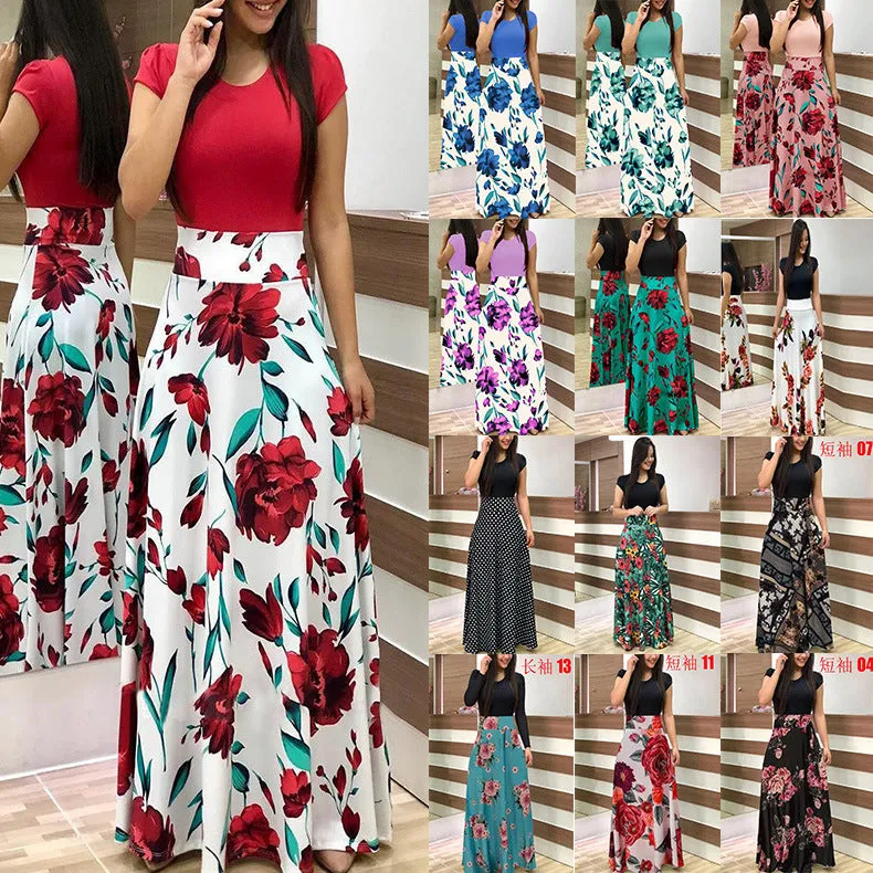 Stylish Floral Printed Splicing High Waist Long Dress Wholesale Dresses