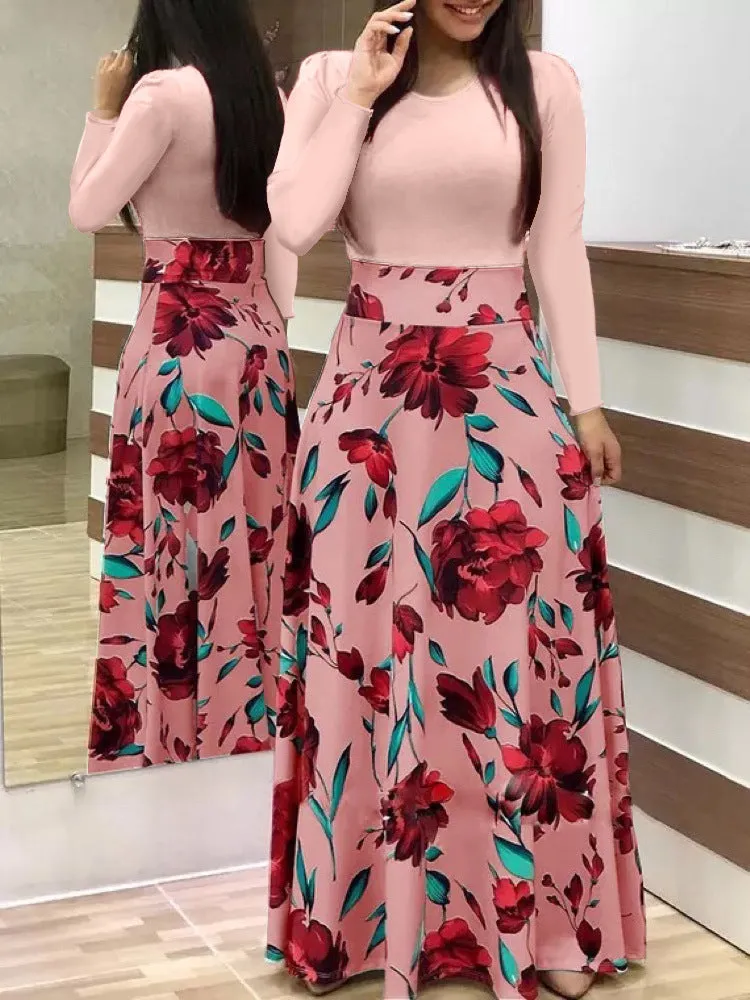 Stylish Floral Printed Splicing High Waist Long Dress Wholesale Dresses