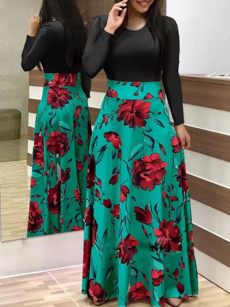 Stylish Floral Printed Splicing High Waist Long Dress Wholesale Dresses