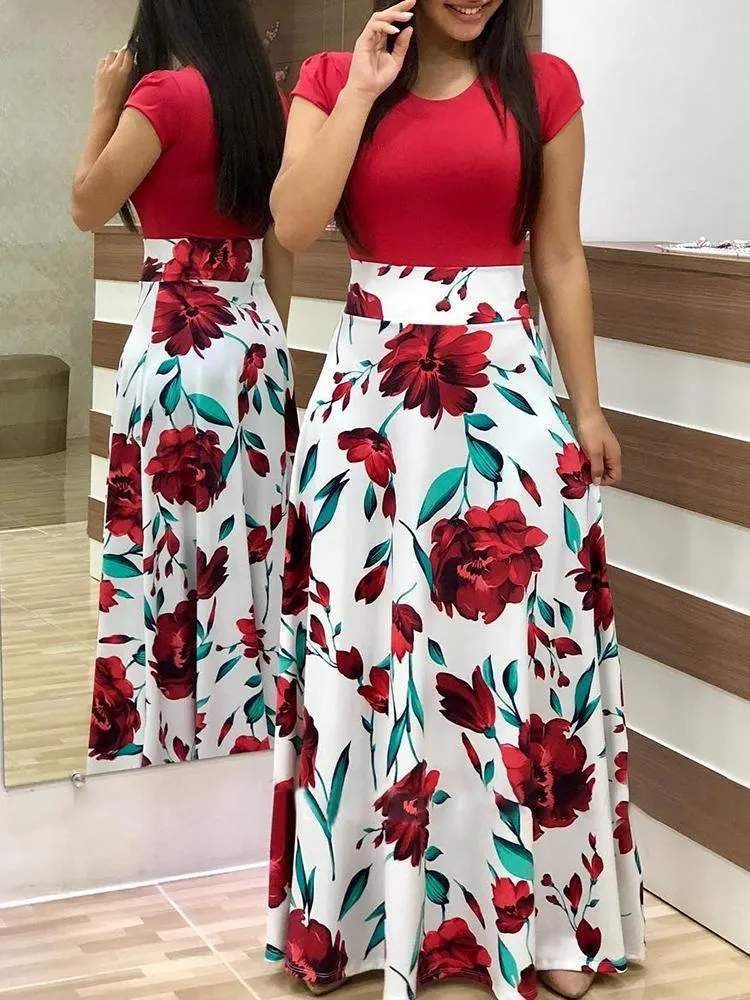 Stylish Floral Printed Splicing High Waist Long Dress Wholesale Dresses