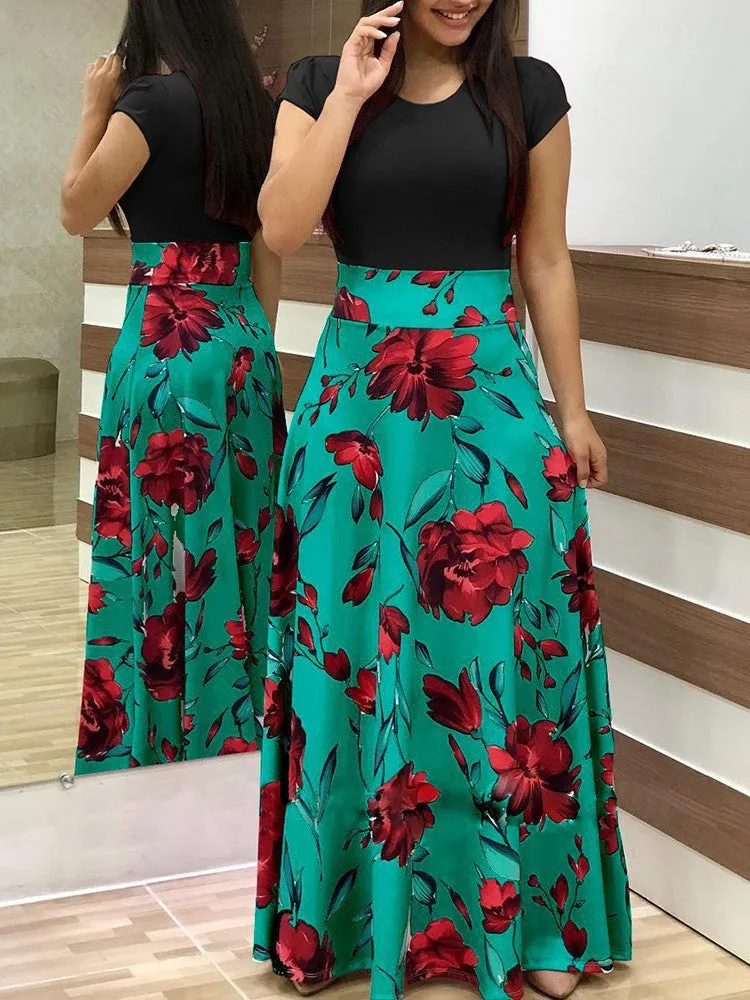 Stylish Floral Printed Splicing High Waist Long Dress Wholesale Dresses