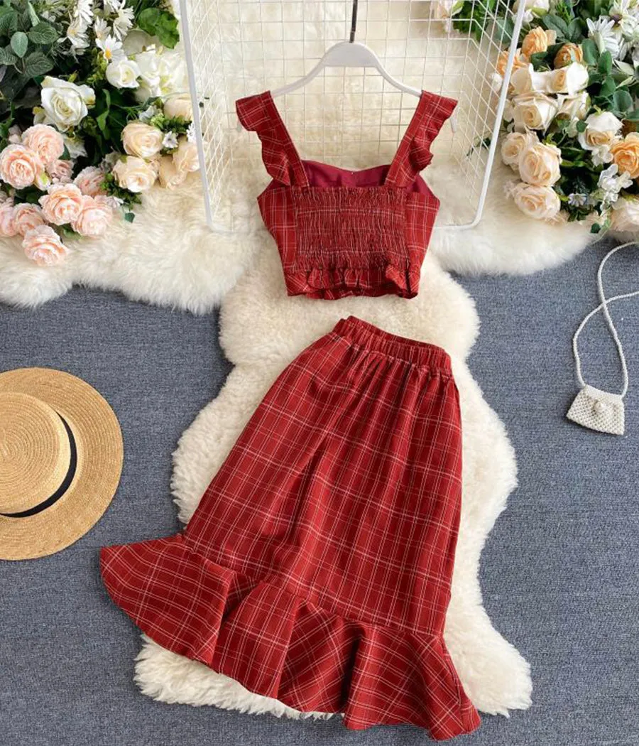 Stylish slim two-piece lattice set summer dress   S87