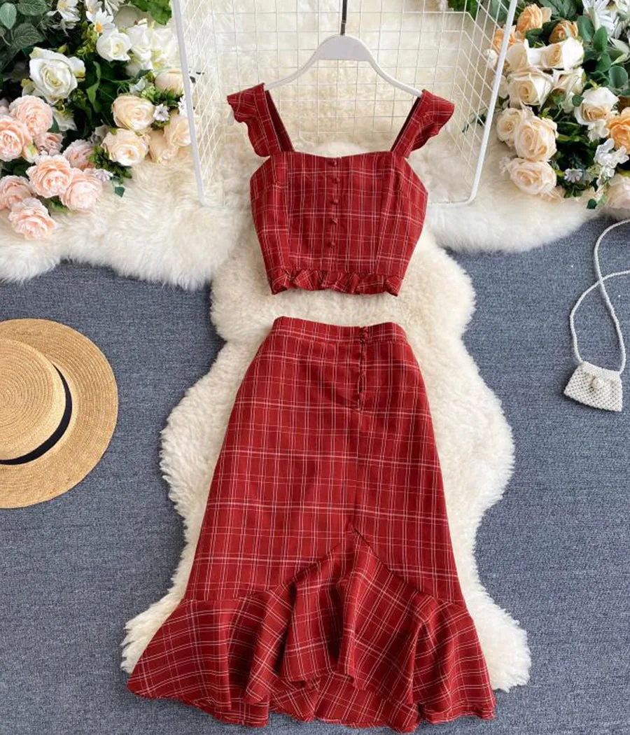 Stylish slim two-piece lattice set summer dress   S87