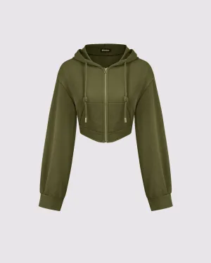 Terry Solid Drawstring Pocket Crop Hoodie In Green