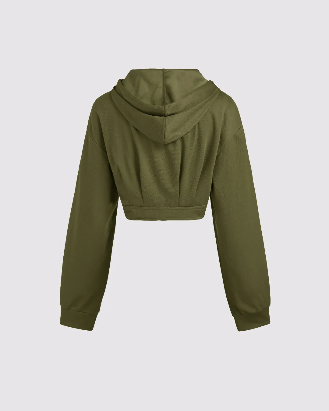 Terry Solid Drawstring Pocket Crop Hoodie In Green